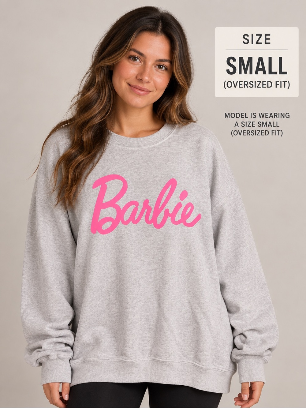 Barbie Pink Script Logo Crewneck Sweatshirt - Grey Body OVERSIZED SMALL